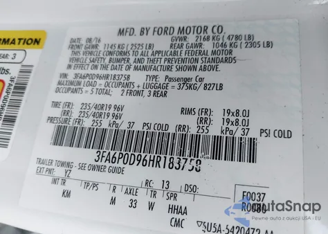 2017 Ford Fusion Titanium from USA, damaged, VIN 3FA6P0D96HR183758